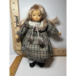 Vintage Plaid Dress Collectible Doll Blonde Hair Mini Display Figurine Gift